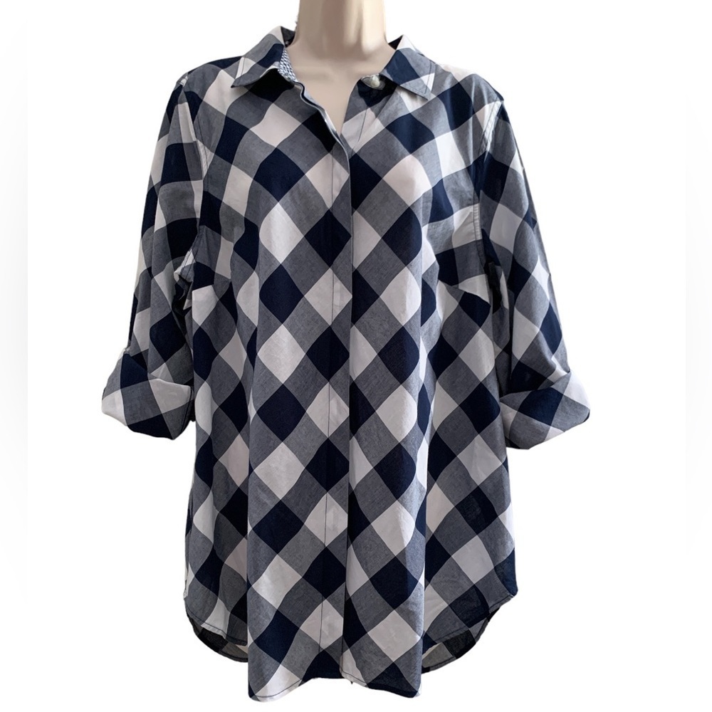 NWT Crown & Ivy Curvy Cotton Navy & White Checked Essential Shirt Size 0X